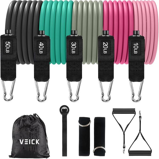 VEICK 10-150LBS Resistance Bands with Handles, Ankle Straps, Door Anchor | Accredited Lab Certified, 100% Natural Latex, Versatile for Yoga, Pilates, Strength, Home Gym