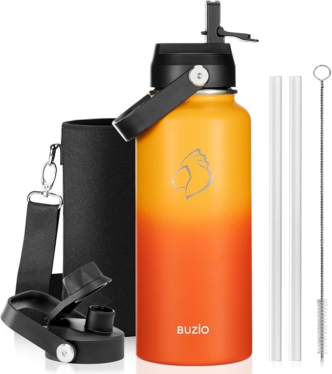 BUZIO Insulated Stainless Steel Water Bottle 32 oz with Straw & Spout Lids | Triple Wall Insulated Tumbler (Dishwasher Safe) ,Cold for 48 Hrs/Hot for 24 Hrs, Leakproof, BPA-free, for Sports, Gym, School