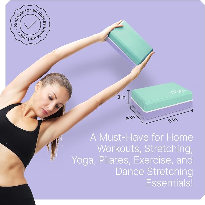 Yoga Blocks 2 Pack with Strap and Guide – Soft Non-Slip EVA Foam Blocks | High-Density Pilates Blocks for Home Workouts, Dance, Ballet, Gymnastics & Stretching Exercise, Dance Accessories and Gifts