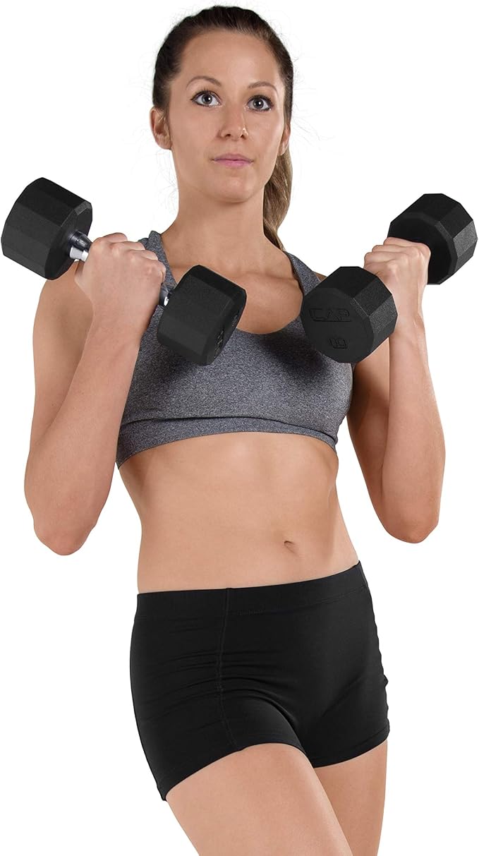 CAP Rubber Coated Dumbbell Weights, Free Weights for Home Gym Strength Training, Anti-Roll Hex Dumbbells with Black, Chrome & Comfort Grip Handles, Singles