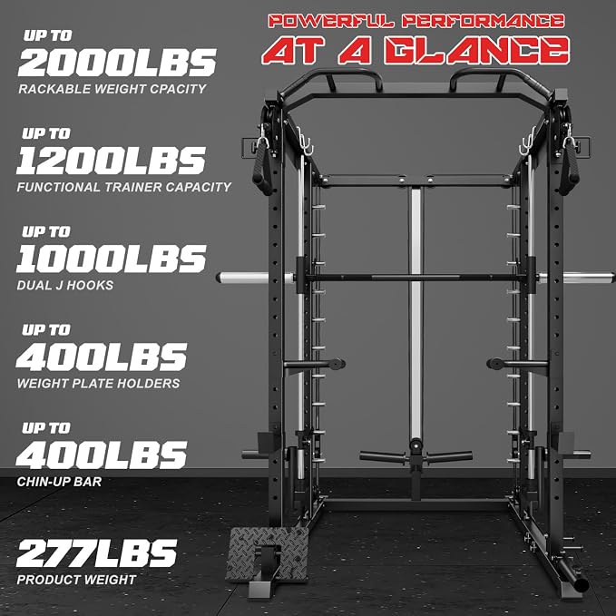 S1-V4 Smith Machine, 2000LBS Power Cage with Cable Crossover System, All-in-One Squat Rack with Smith Bar, Strength Training Equipment for Home Gym
