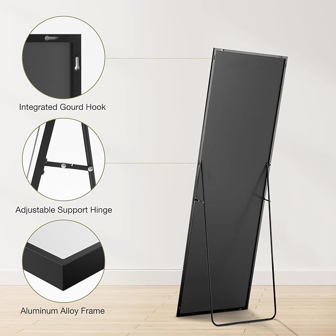 OLIXIS 64"x21.5" Full Length Mirror with Stand, Body Mirror | Shatter-Proof Glass, Hanging or Leaning for Wall, Floor Standing, Bedroom Living Room, Long, Black