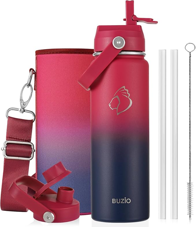 BUZIO 24 oz Insulated Water Bottle, Stainless Steel Wide Mouth Water Flask with Straw Lid, Cold for 48 Hrs Leak Proof Metal Hydro Thermo Canteen Mug, Red Navy