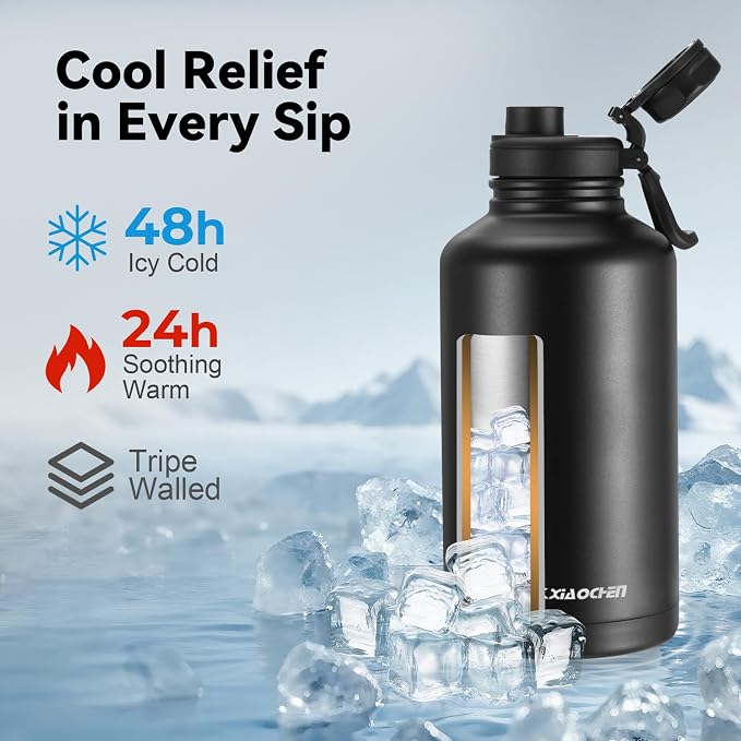 KXIAOCHEN Insulated Water Bottle with Strap, 48-Hour Cold, 2 Lids | Triple-wall insulation, lead-free 18/8 Stainless steel, paracord handle, carabiner clip, for gym, hiking, camping and travel