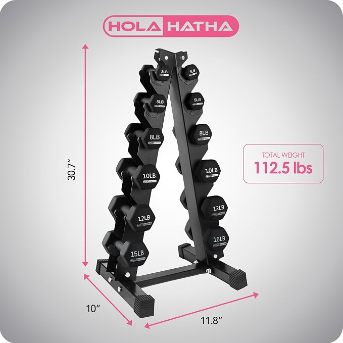 HolaHatha 1, 2 and 3 lb Neoprene Dumbbell Strength Training Weight Set with Rack