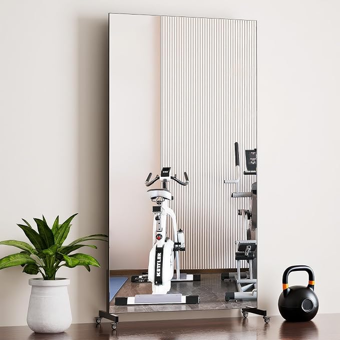 Home Gym Rolling Mirror 82"x44" – Extra Large Full Length Mirror with Wheels, Mobile Tempered Glass Floor Mirror, 360° Swivel, for Workout, Garage, Dance Studio, Yoga, Bedroom, Black