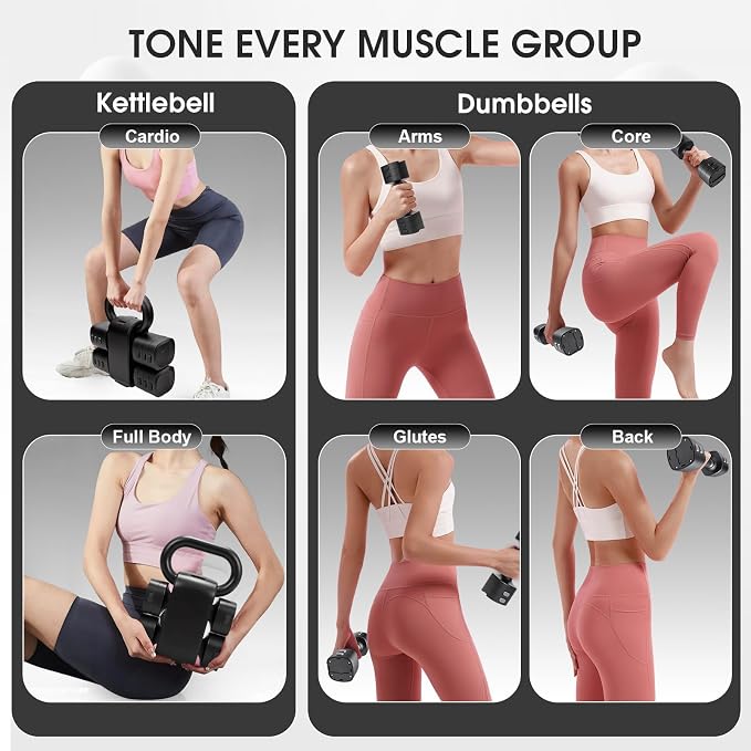 Adjustable 2-in-1 Convertible Kettlebell & Dumbbells Set, 4 in 1 Free Weights Dumbbell Set of 2, Each 2.2 3.3 4.4 5.5lb Quick Change Women Dumbbell Set for Home Exercise Training
