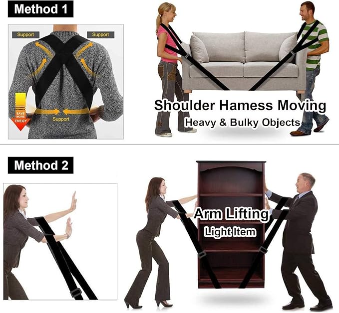 MORDEN MS Adjustable Moving Straps, 2-Person Shoulder Lifting and Moving System for Carry Furniture, Appliances, Mattresses, Heavy Objects up to 800 lbs(Black), 50.05''-104.3'', (VR-3UP6-CIA7)