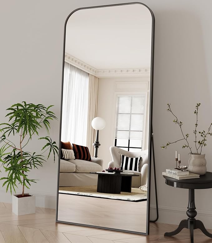 Koonmi Full Length Mirror, 65"x24" Mirror Full Length with Stand | Domed Top Square-Edged ShatterProof Floor Mirror with Black Aluminum Alloy Frame for Bedroom Living Room Home Gym