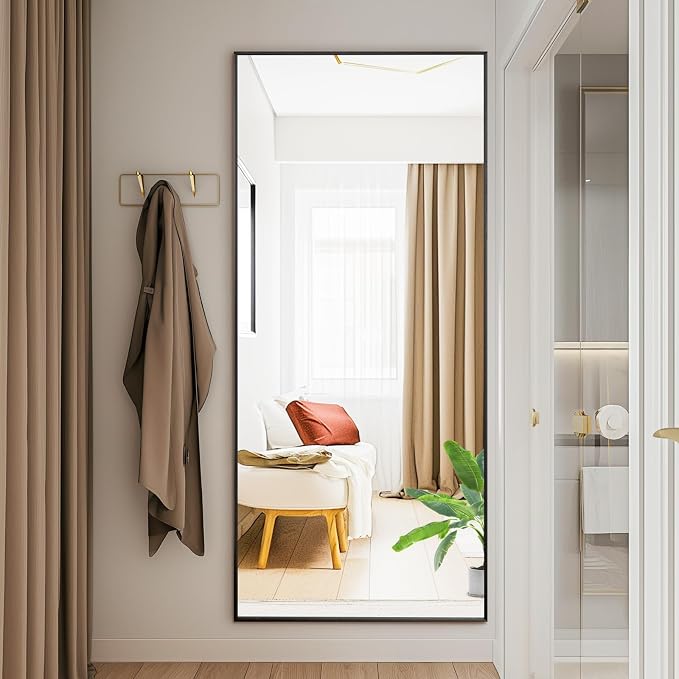 DUMOS 21"x56" Full Length Mirror with Stand, Floor Standing Aluminum Frame, Shatter-Proof Nano Glass for Bedroom, Living Room, Cloakroom – Modern Simple Home Decor,Can Be Hanging or Leaning, Black