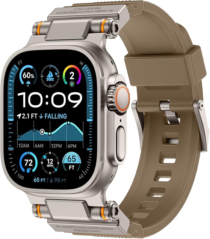 Band Compatible with Apple Watch Ultra 3/2/1 Band 49/46/45/44mm | Metal Connector with Silicone Rugged Strap for iWatch Ultra Series 11/10/9/8/7/6/SE3/SE2/SE/5/4/3/2/1, Desert Tan/Titanium