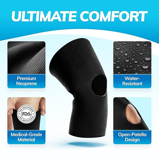 BraceAbility Open Patella/Open Back Neoprene Knee Sleeve | Water-Resistant Athletic Compression Knee Brace for Swimming, Wakeboarding, Scuba Diving, Surfing, Waterskiing and Other Sports (XL)