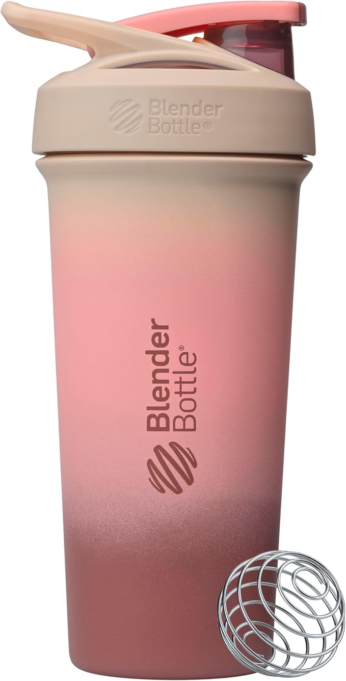 BlenderBottle Sport Sleek Shaker Cup Insulated Stainless Steel Water Bottle with Wire Whisk, 25-Ounce, Berry Fade (Pink)