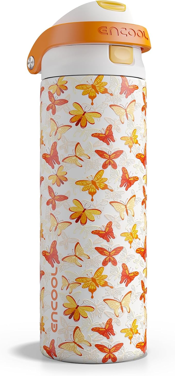 ENCOOL Leakproof Insulated Water Bottle with Straw Dual-Sip Water Bottle Bag-Safe Design for Work, Commute & Gym – Keeps Drinks Cold All Day, 24 oz, Sunset Butterflies