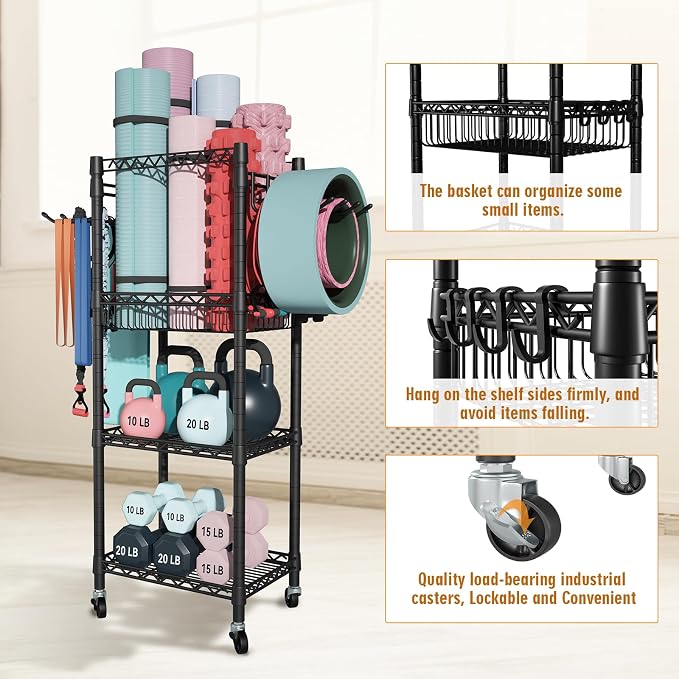 FUTASSI Home Gym Storage, 3 Tiers Workout Equipment Organizer with Wheels for Yoga Mats, Foam Roller, Dumbbells, Kettlebells, and Resistance Bands