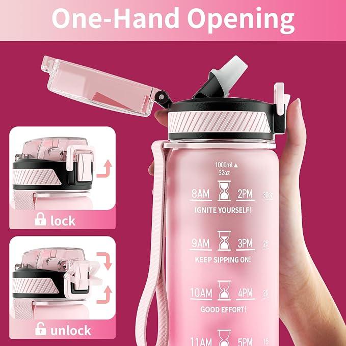 QLUR Water Bottle with Straw, 32oz Motivational Water Bottles with Time Marker to Drink, Tritan BPA Free, 1L Sports Water Bottle with Carry Strap LeakProof for Women Gym Fitness Outdoor (1 Pack)