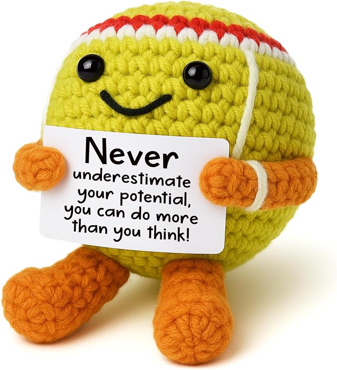 Mini Positive Crochet Tennis Ball Gifts for Women Men - Handmade Crochet Tennis Ball, Motivational Encouragement Christmas White Elephant Gift for Tennis Balls Lover Coworker Friend Coach