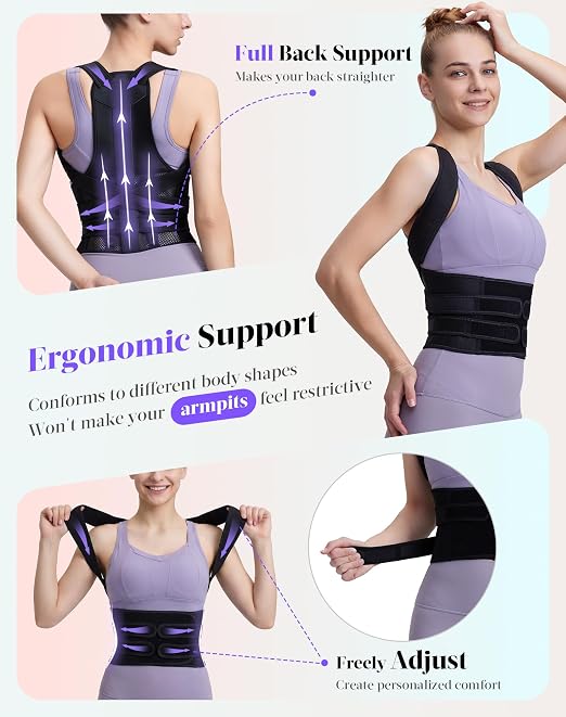 Posture Corrector for Women and Men, Full Back Support Brace, Adjustable Shoulder Straightener, Improving Posture, Relief Upper and Lower Back, Neck Pain, Full Black, Medium