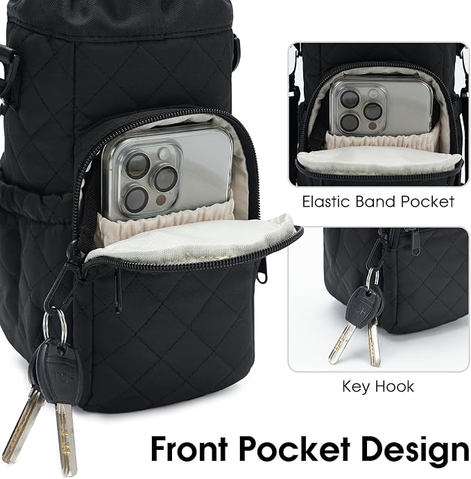 sportsnew 40oz Insulated Crossbody Water Bottle Bag Gym Hiking Phone Pocket | Water-resistant Lining, Padded Strap, Top Handle, Drawstring, Phone Pocket, Elastic Slots, Built-In Key Clip for Gym Walking