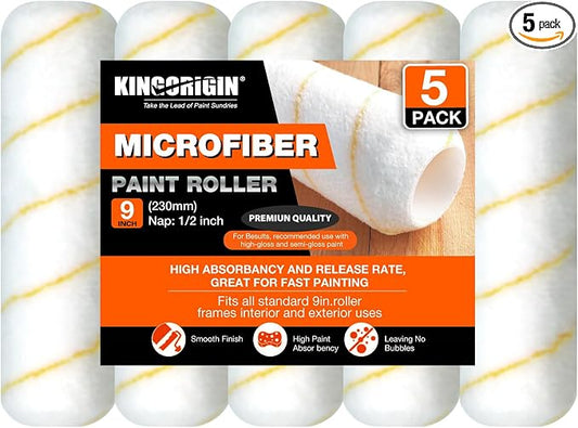 9 Inch Microfiber Paint Roller Covers, 1/2" Nap, 5-Pack | Paint Rollers for Wall & Ceiling No Drip Rollers for Painting Home, Smooth and Textured Surfaces