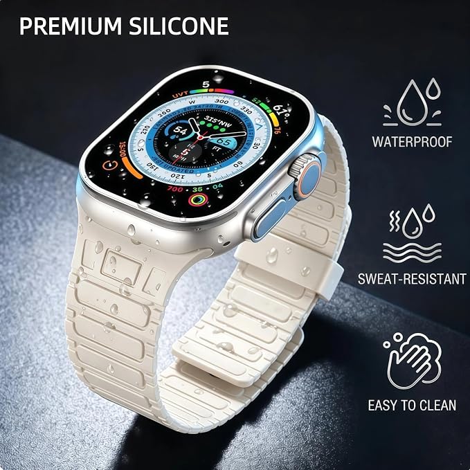 Magnetic Band Compatible with Apple Watch Ultra 3/2/1 Band for Men 49mm 46mm 45mm 44mm 42mm, Silicone Sport Waterproof Loop Strap Magnet Link for iWatch Series SE 11 10 9 8 7 6 5 4 3 2 1(Starlight)