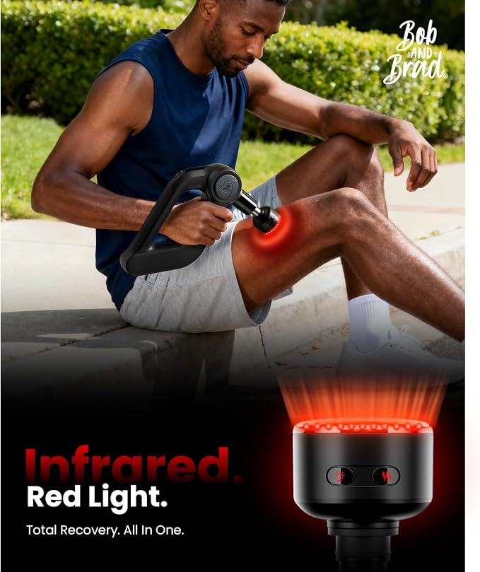 BOB AND BRAD D5 Ultra Heated Massage Gun with Red Light & Infrared Therapy, Deep Tissue Percussion Massage Gun with 13mm Amplitude, FSA-HSA Eligible, Ergonomic D-Handle for Muscle Recovery
