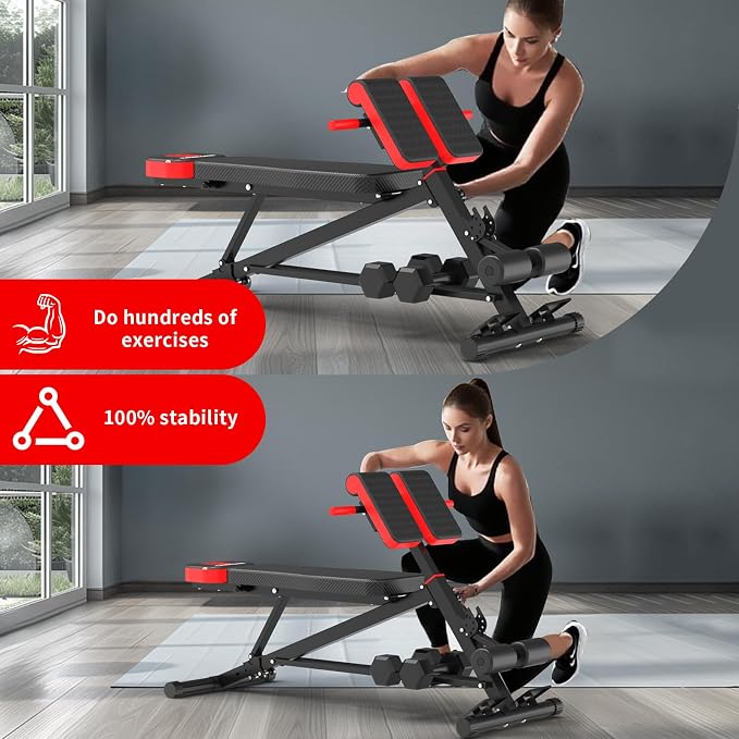 K KINGKANG Weight Bench,Load 1000LBS Roman Chair for Home Gym | Multi-Function Adjustment(10+7+4+4),for Bench Press/Sit-up/Back,Carbon Steel Frame with 2 Rear Wheels