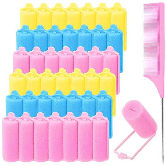 43 PCS Foam Hair Rollers - 0.59 Inch Sponge Rollers for Heatless Hair Curler Flexible Sponge Curler Tool and Rat Tail Comb for Short/Long Hair Soft Sleeping Thin Hair Curl Overnight Rulos