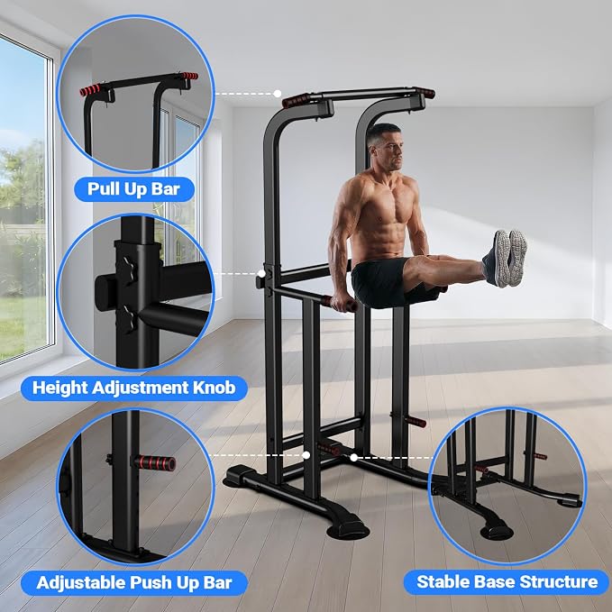 YYJO Foldable Pull Up Bar Free Standing Multi-function Power Tower Dip Bar with Assistance Bands Home Gym Strength Training Equipment