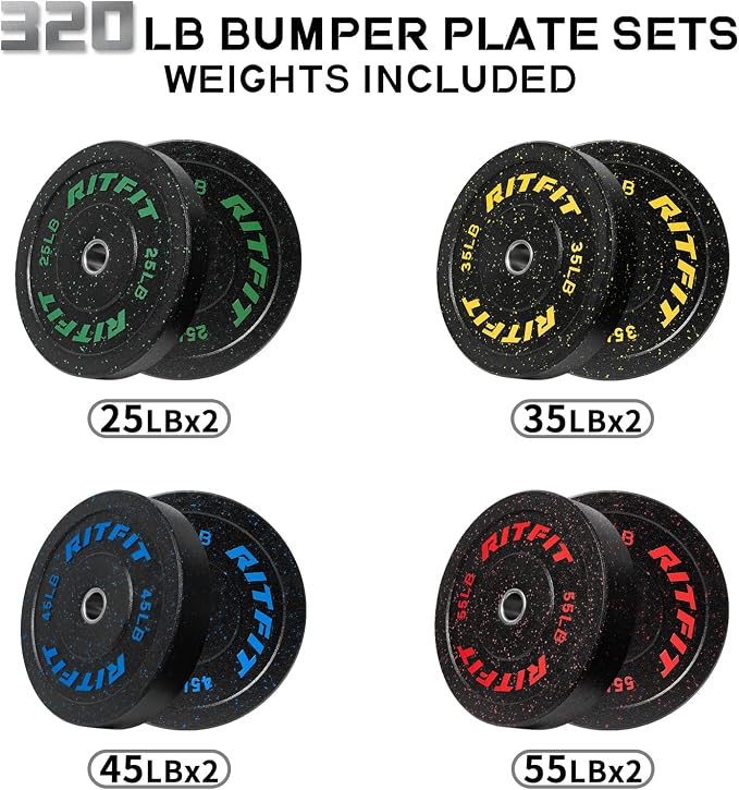 RitFit Bumper Plates, Colored Fleck-Rubber Weight Plates with Steel Insert, 2-inch Olympic Weight Plates for Weight Lifting and Strength Training