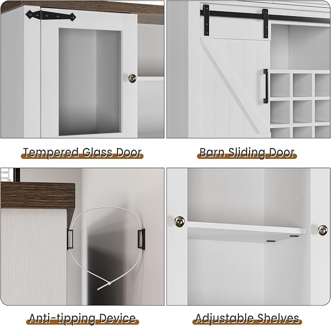 GarveeHome 72" Farmhouse Coffee Bar Cabinet with LED Lights & Power Outlets | Tall Kitchen Buffet Hutch with 3 Drawers & Wine Glass Rack, Sliding Barn Door, Ample Storage for Home Bar, White