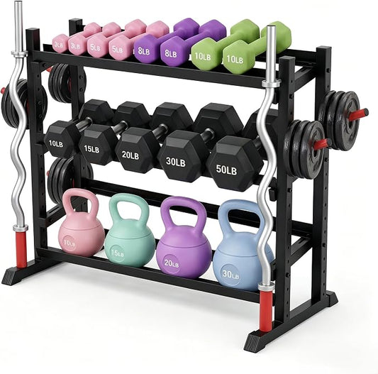 3-Tiers Dumbbell Rack, 1300LB Capacity Adjustable Weight Rack for Home Gym, H-Frame & Trapezoidal-Frame Weight Stand for Dumbells, Kettlebells, Barbells, Weight Plates