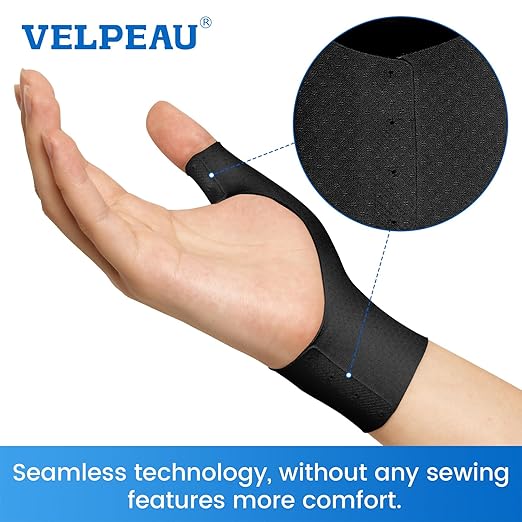 VELPEAU Elastic Thumb Wrist Support Brace (Pack of 2), Splashproof Compression Sleeve for Arthritis Pain, Tendonitis, Sprains, Sports, Splint Liner, Fits Left & Right Hands (Long Version - Black, Medium)