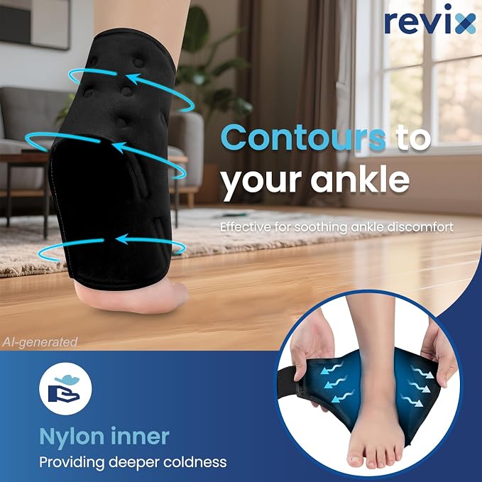 REVIX Foot Ice Pack Wrap for Plantar Fasciitis & Foot Pain Relief, Black | Ankle Ice Wrap, Adjustable One-Size Fit, Flexible Gel for Achilles Tendonitis, Sprained Ankle, Sport Recovery and Swelling