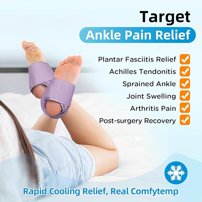 Comfytemp Ankle Ice Pack Wrap for Sprained Ankles, Plantar Fasciitis, 2pcs | FSA Eligible HSA, Foot Pain Relief, Reusable Gel Ice Cold Hot Packs Wrap for Achilles Tendonitis, Injuries, Swelling, Purple