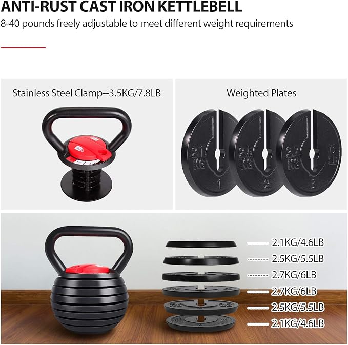 TopMade Adjustable Kettlebell Weights Set Cast Iron Exercise Fitness Kettle Ball Grip 5, 8, 9,12lb Free Weight Men Women Kettlebells for Home Gym Workout Ballistic, Core,Strength Training