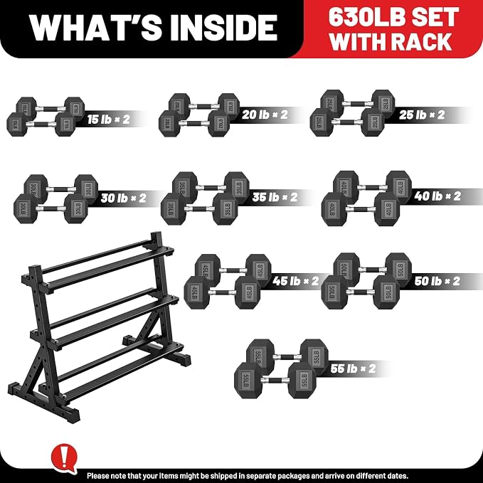 PAPABABE Dumbbell Set with Rack, 540-850lb, Rubber Encased, Home Gym | Complete & Durable Cast Iron Core Odorless PVC Antiroll Hex Shape Ergonomic Chrome Handle Versatile Home Gym
