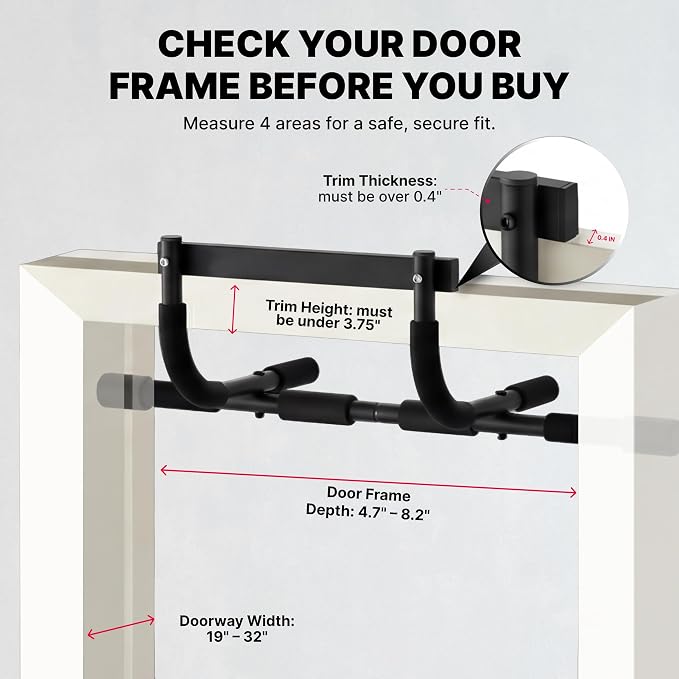 DMoose Fitness Pull Up Bar for Doorway - Upto 250 Lbs Capacity, No Screwing or Slipping, Hanging Pullup & Chin Up Bar for Door Frame - Multi Padded Grips for Strength Training with Installation Guide