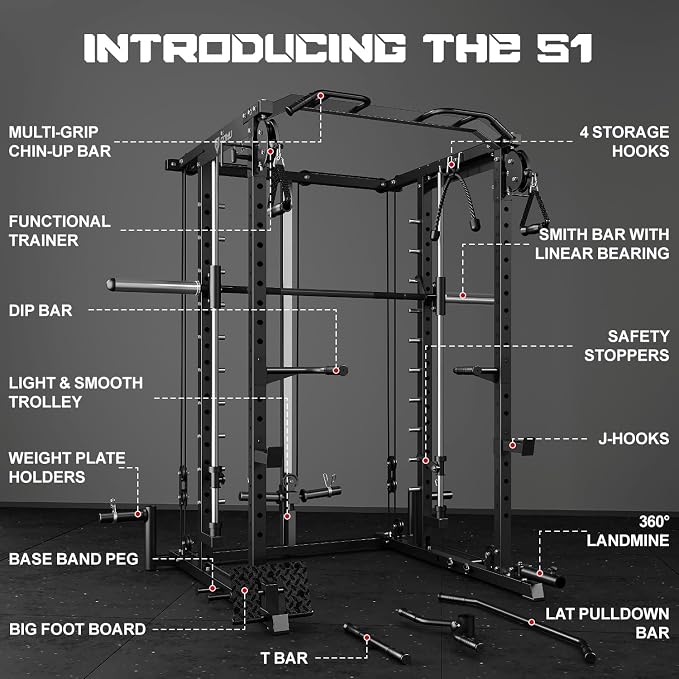 S1-V4 Smith Machine, 2000LBS Power Cage with Cable Crossover System, All-in-One Squat Rack with Smith Bar, Strength Training Equipment for Home Gym
