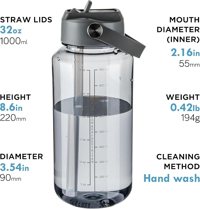 OLDLEY 32oz Water Bottle with Straw,Leakproof Tritan Clear Bottle with Marked Bottle and Carry Handle, BPA-Free Wide Mouth Reusable Sports Water Bottle for Gym,Hiking, Camping,Travel, Workout,Grey