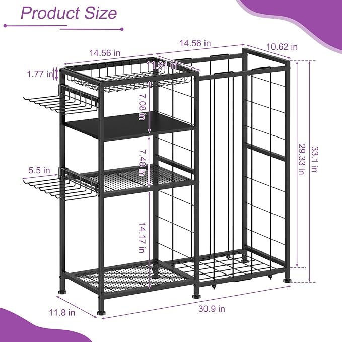 Yoga Mat Holder 4 Tier Home Gym Storage Rack with Hooks and Basket, Metal Sports Equipment Organizer for Dumbbells, Kettlebells, Exercise Balls and Sports Gear, Black