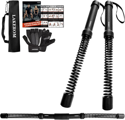 Ropeless Battle Ropes (2-in-1) Elatic Fitness Bar,Cordless Battle Ropes Sticks with Exercise Guide,Portable Home Gym Equipment for HIIT,Strength Low-Impact Workouts for Men & Women Black