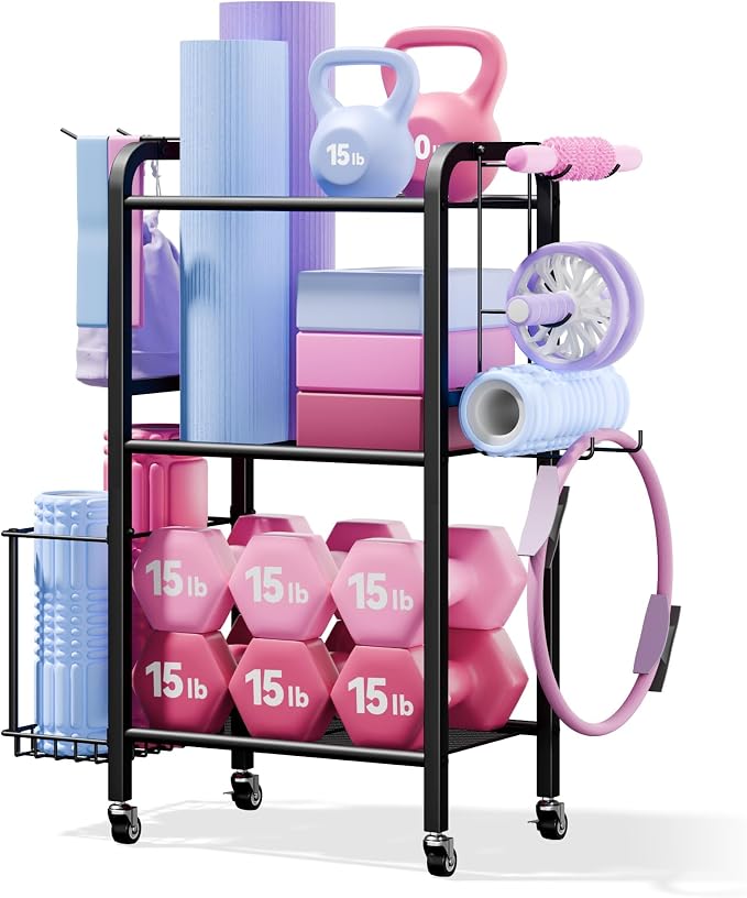 3-Tier Heavy-Duty Home Gym Storage Rack with Hooks and Smooth Wheels for Workout Gear