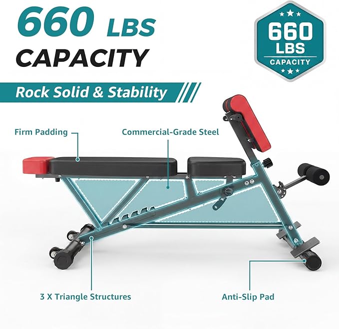 DUMOS Adjustable Weight Bench, 660 LBS Workout Bench Press with 2 Wheels | Heavy Duty Chest Press Machine for Home Gym with Hyper Back Extension, for Incline Decline Sit Up Flat