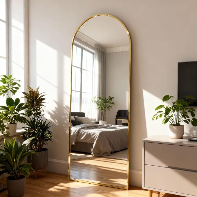 Arched Full Length Mirror 56"x15" Gold | Aluminum Frame Shatterproof Glass, Freestanding Leaning Wall Mounted Mirror for Bedroom Living Room Entryway, Modern