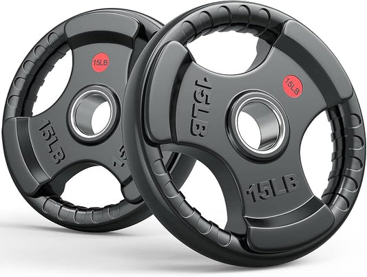 Gikpal Olympic Weight Plates, 2-Inch Three-Grip Rubber Coated Barbell Plates with Steel Hub, Cast Iron Weights for Strength Training & Home Gym, Pair or Sets (2.5–45LB)
