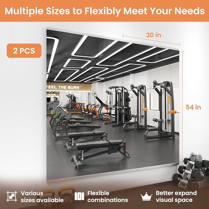 LOAAO Home Gym Mirror 54"x30", 2 PCS | Gym Mirrors for Wall, Frameless, Tempered Glass, Large Workout Mirrors for Home Gym, Dance Studio, Yoga Room, Garage Gym