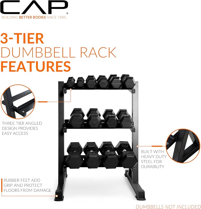 CAP 2-Tier & 3-Tier Dumbbell Rack for Home Gym, Heavy-Duty Steel Weight Storage Rack for Hex Dumbbells, Holds 5-35lb 5-50lb 5-75lb Dumbbell Pairs, Multiple Sizes & Capacities