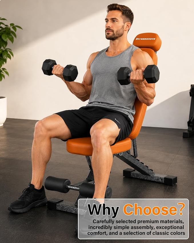 Fitness Bench, Adjustable, Comfortable, Fashionable, Foldable and Extended Headrest with 192 Positions Incline Decline 900LBS Home Gym Bench for Strength Training