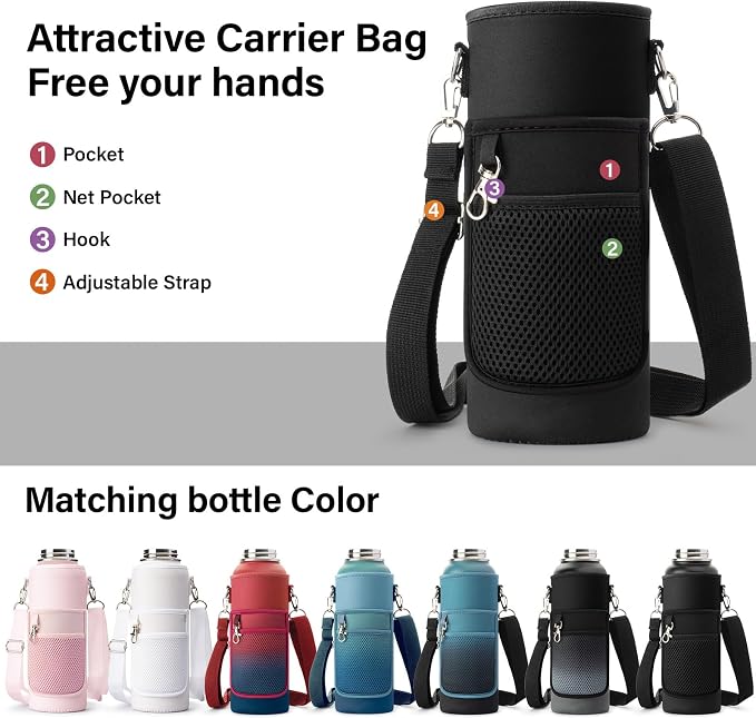 DYSANKY 40 oz Insulated Water Bottle | Thickened Stainless Steel Vacuum Metal | Portable Sports Water Jug for Gym and Hiking with Straw, Carrier Bag, Handle Strap | BPA-Free 40 oz, Black